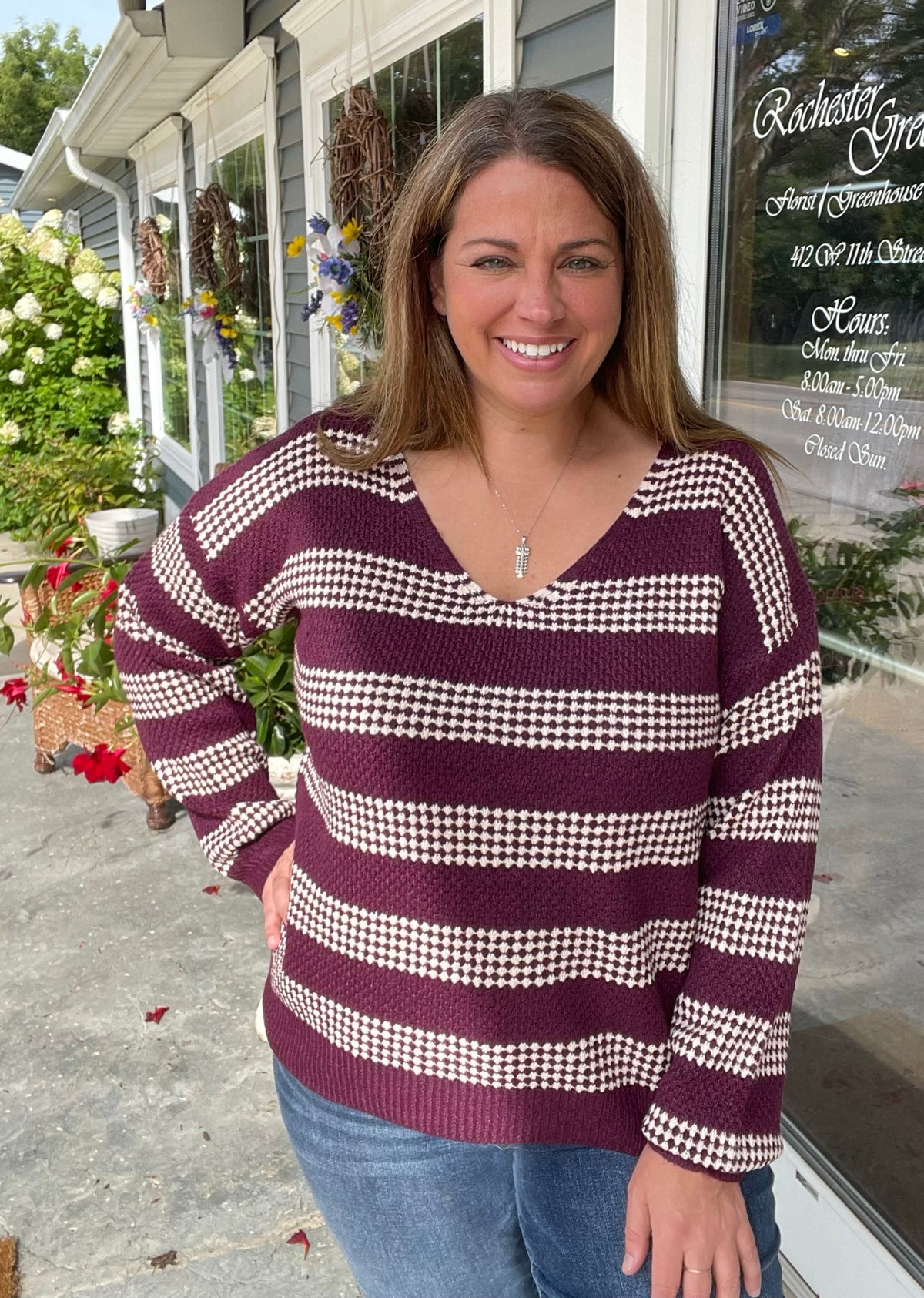 DARK PLUM V-Neck Long Sleeve Relaxed Fit Waffle Texture Striped Sweater