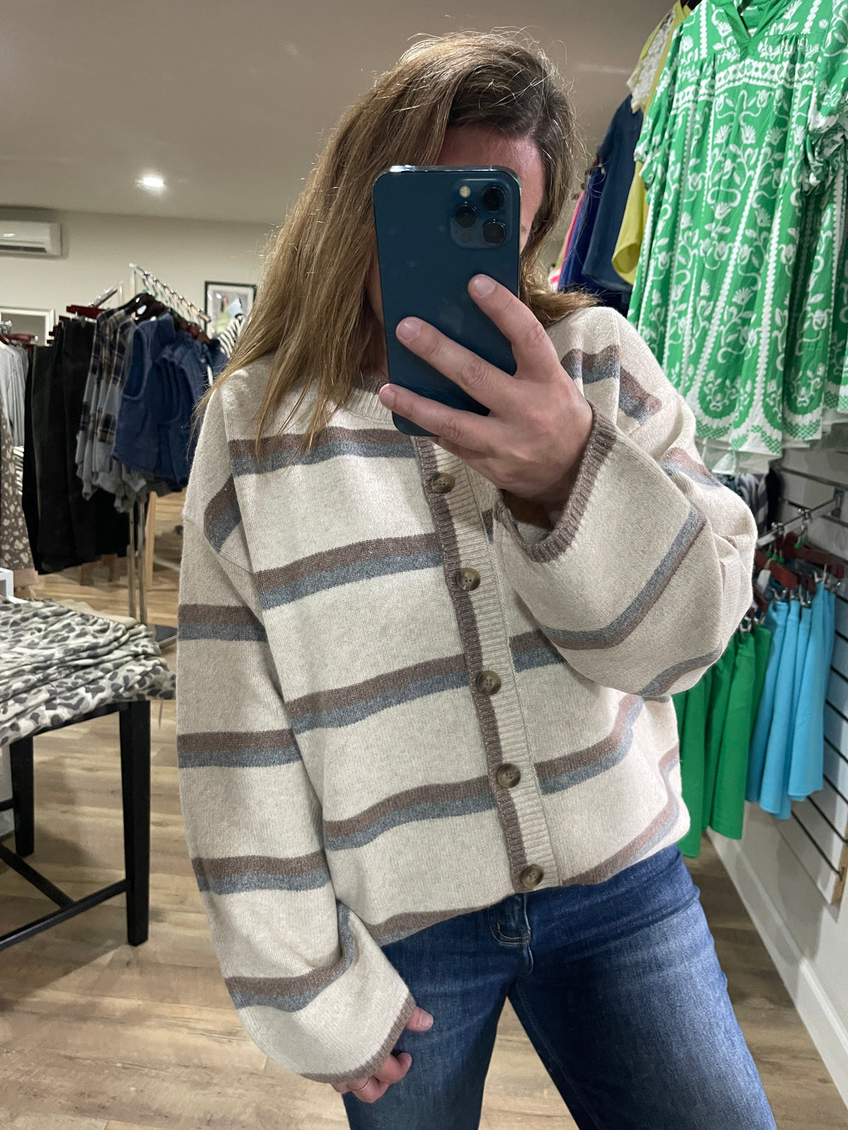 OATMEAL MULTI STRIPED BUTTON DOWN OVERSIZED SWEATER