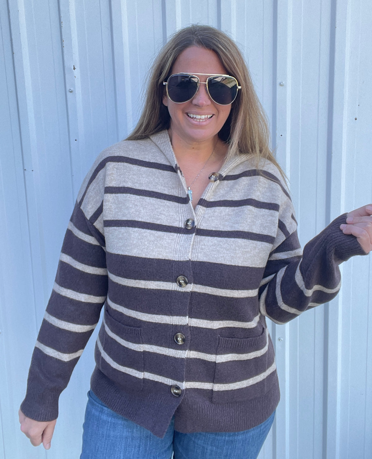 DARK MOCHA Striped, Hoodie, Button Down, Cardigan Sweater With Pocket