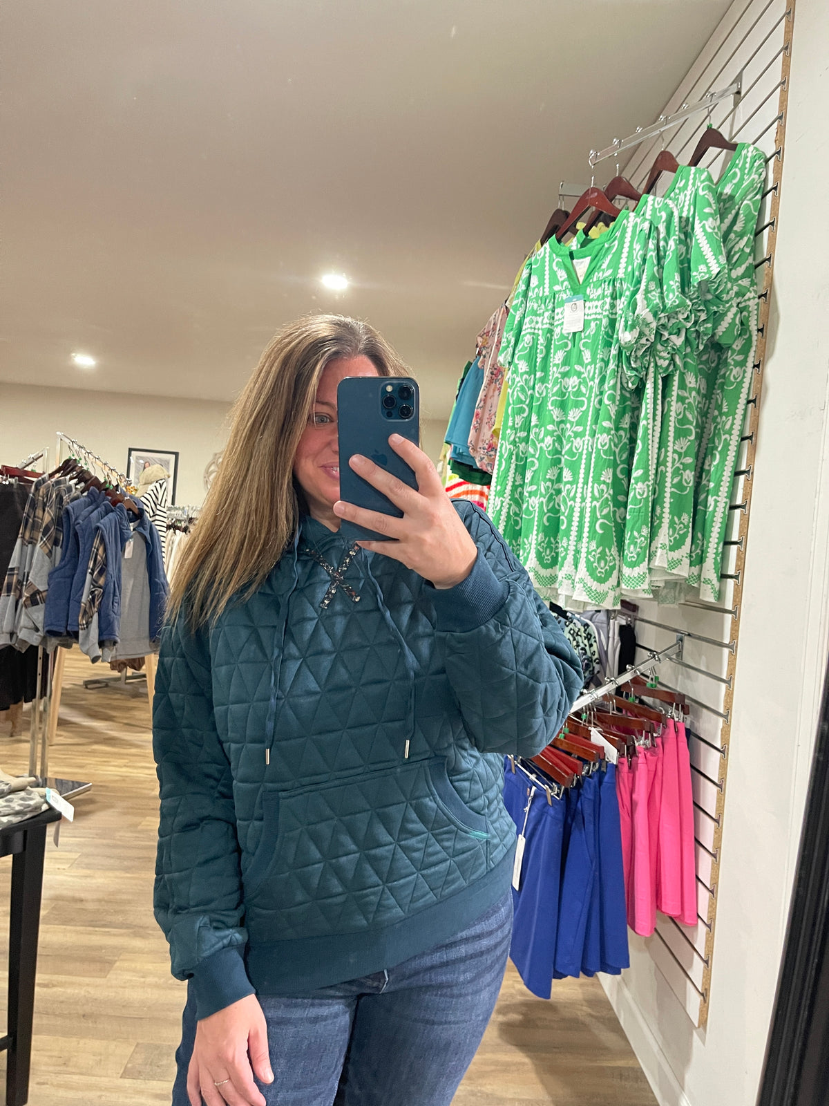 Dark Teal Quilted Hoodie Pullover Top With Contrast Floral Print
