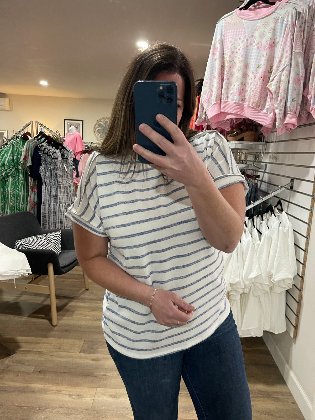 BLUE STRIPED KNIT SHORT SLEEVE TOP