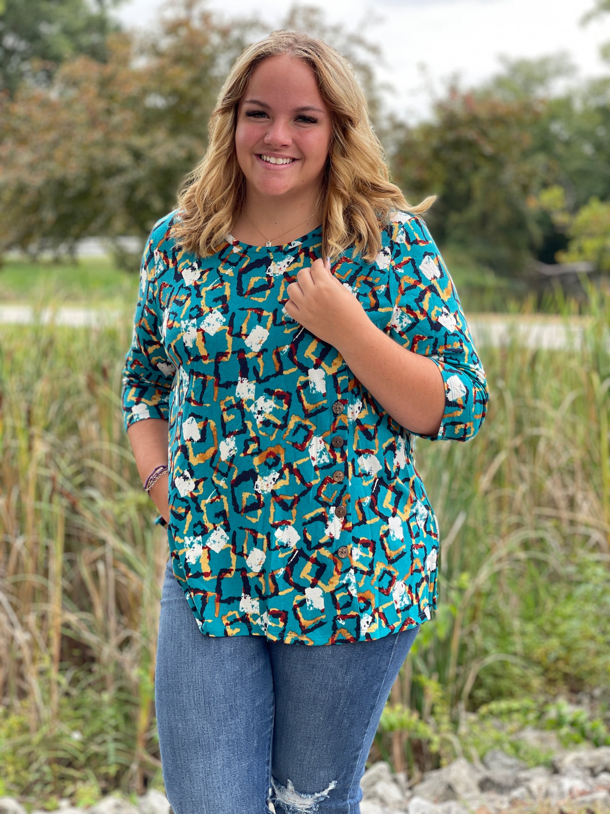 INTOUCH JADE MULTI 3/4 SLEEVE BUTTON TOP