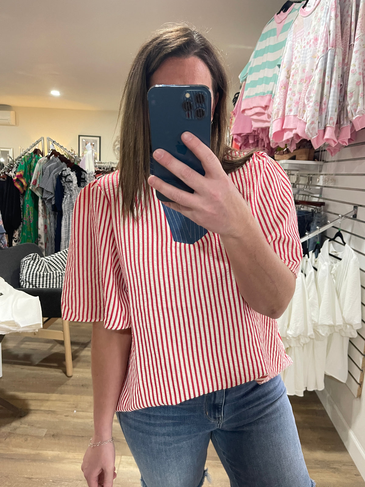 RED PIN STRIPED TEXTURE WOVEN TOP W/ DENIM TRIM