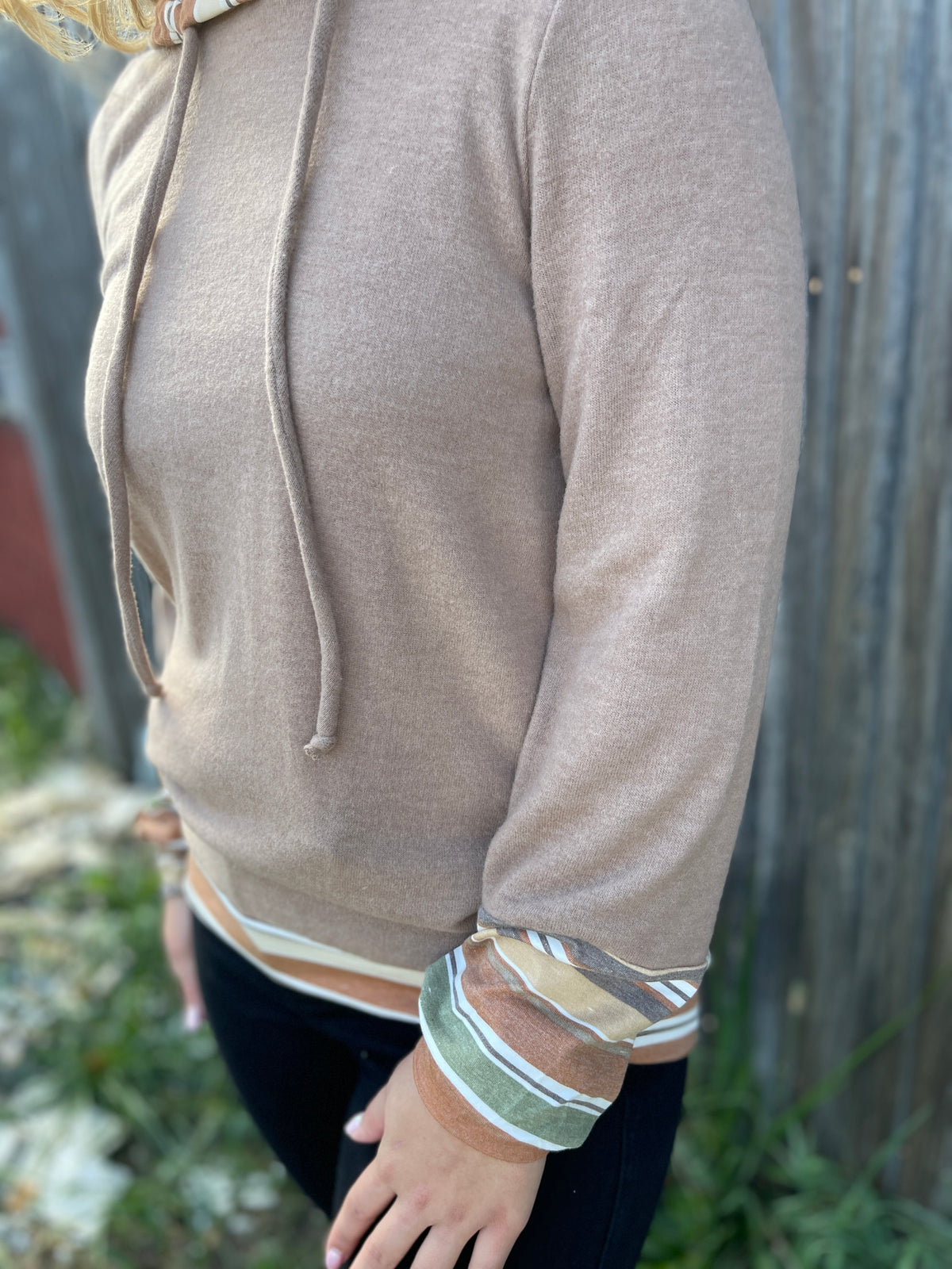 BROWN BRUSHED KNIT HOODIE W/ STRIPE ACCENTS