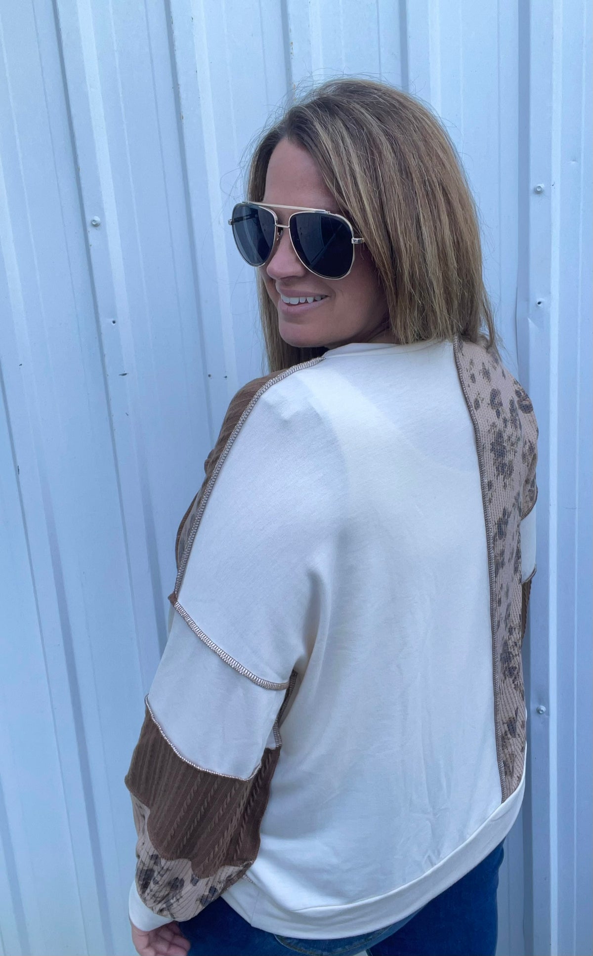 OTMEAL/TAUPE/BROWN Round Neck Bubble Long Sleeve Solid French Terry, Floral Print And Cable Knit