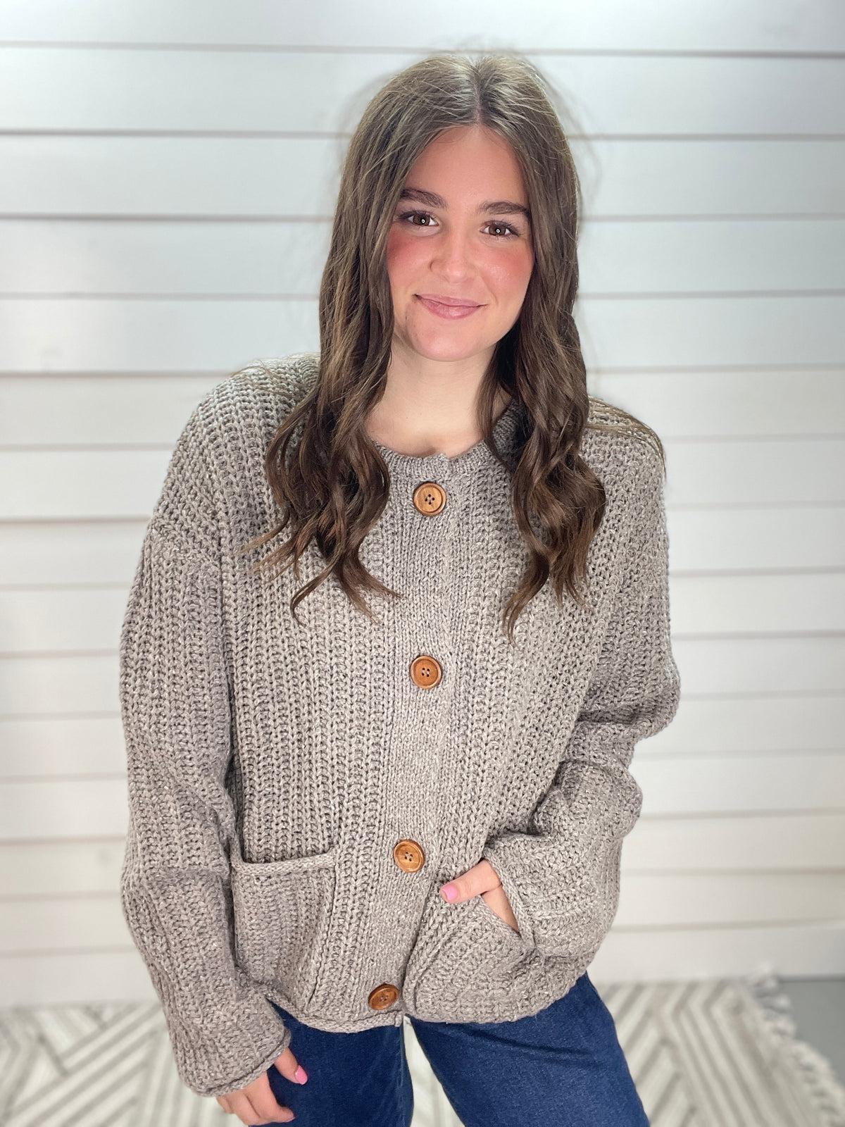 Grey Marled Button Down Raw Edge Chunky Knit Cardigan