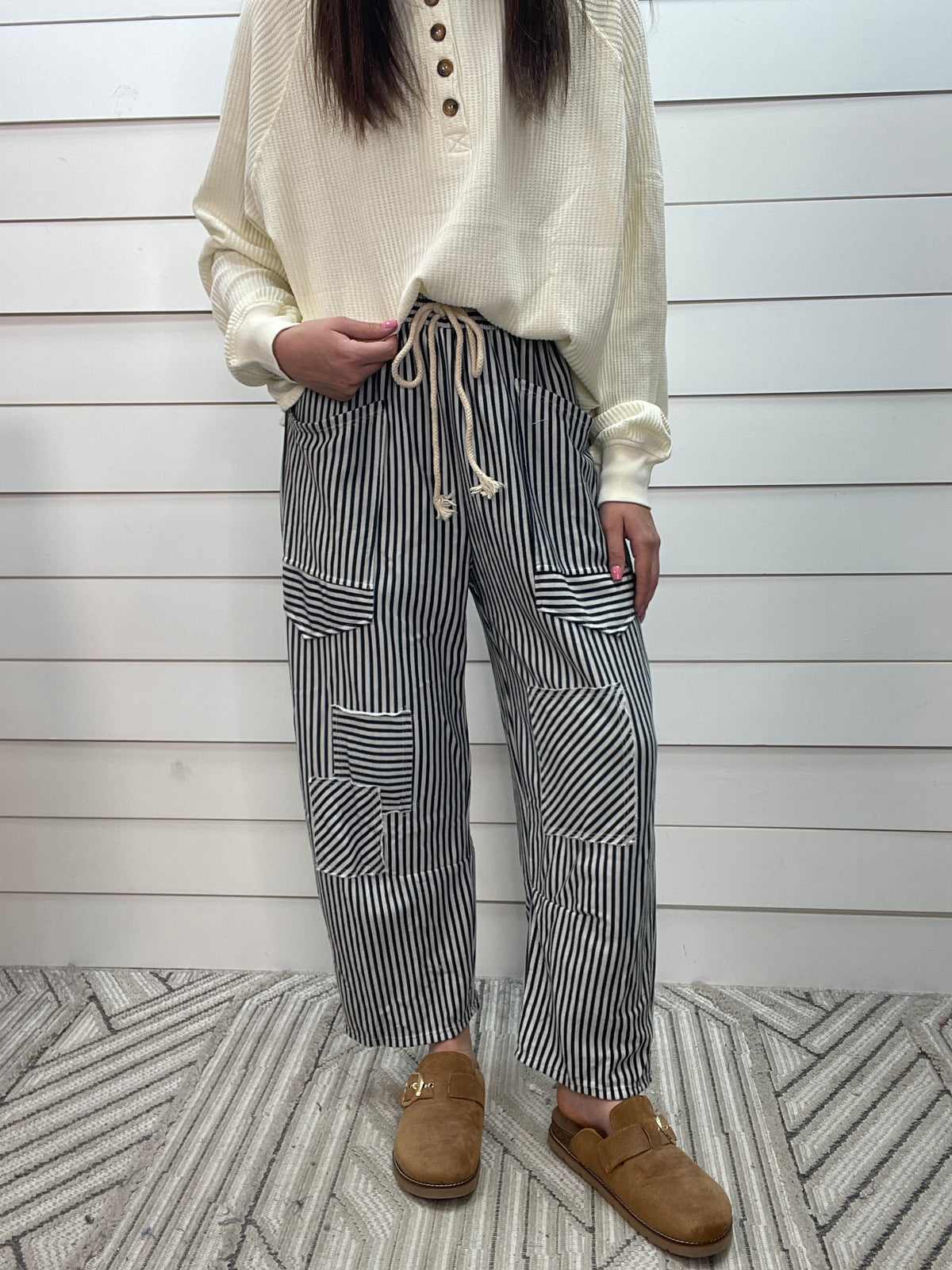 HUNTER GREEN Washed Striped Design Barrel Knit Pants