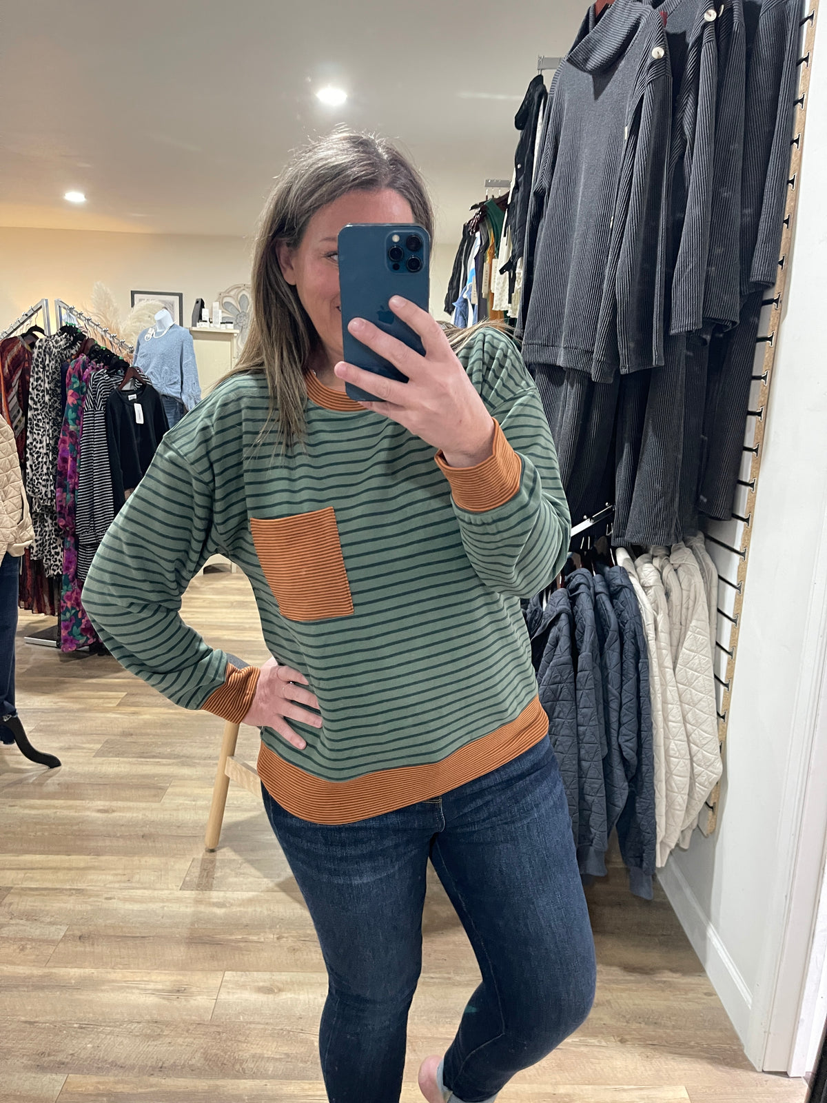 OLIVE/RUST STRIPED BUTTER FABRIC KNIT TOP