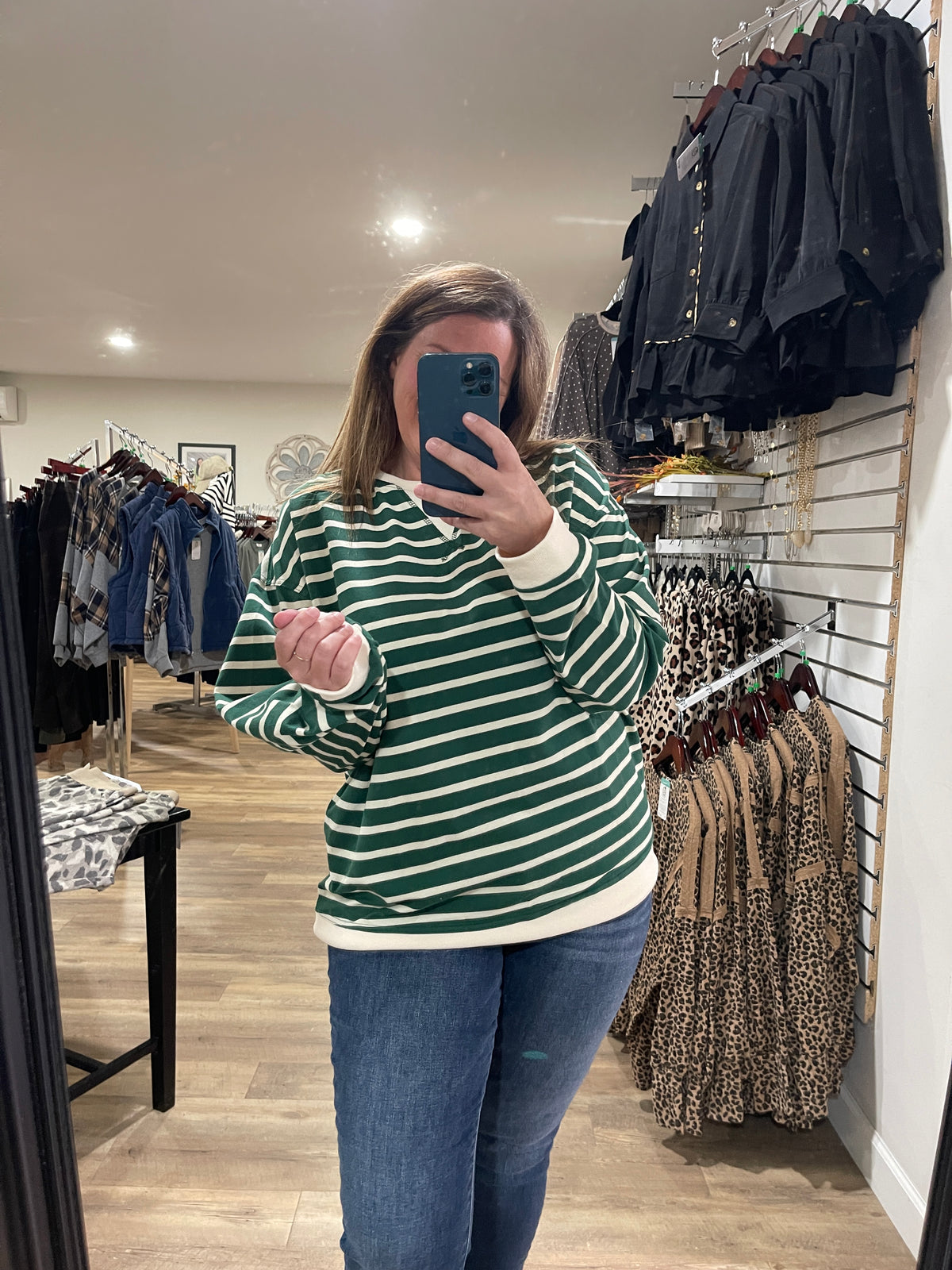 GREEN/CREAM STRIPED LONG SLEEVE KNIT TOP
