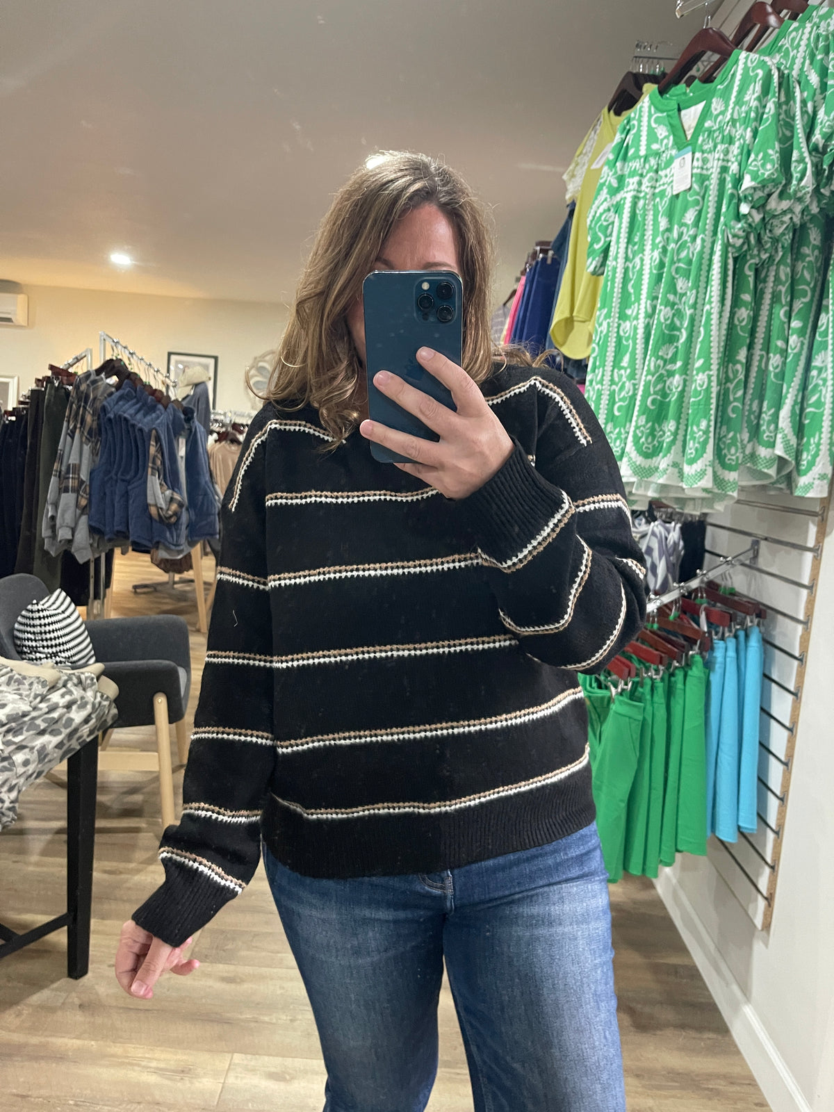 BLACK/TAUPE/WHITE STRIPED KNIT SWEATER