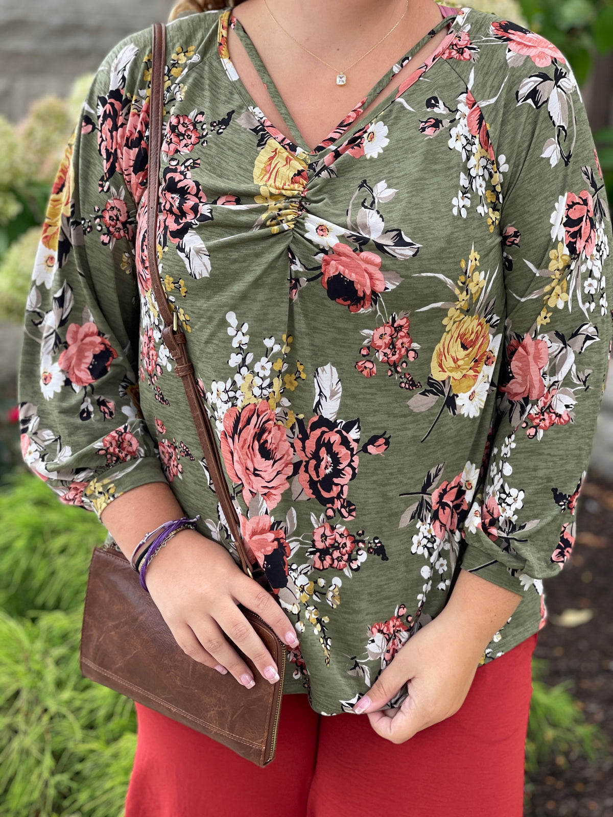 OLIVE FLORAL PRINT ROUCHING STRAP DETAIL LONG SLEEVE TOP