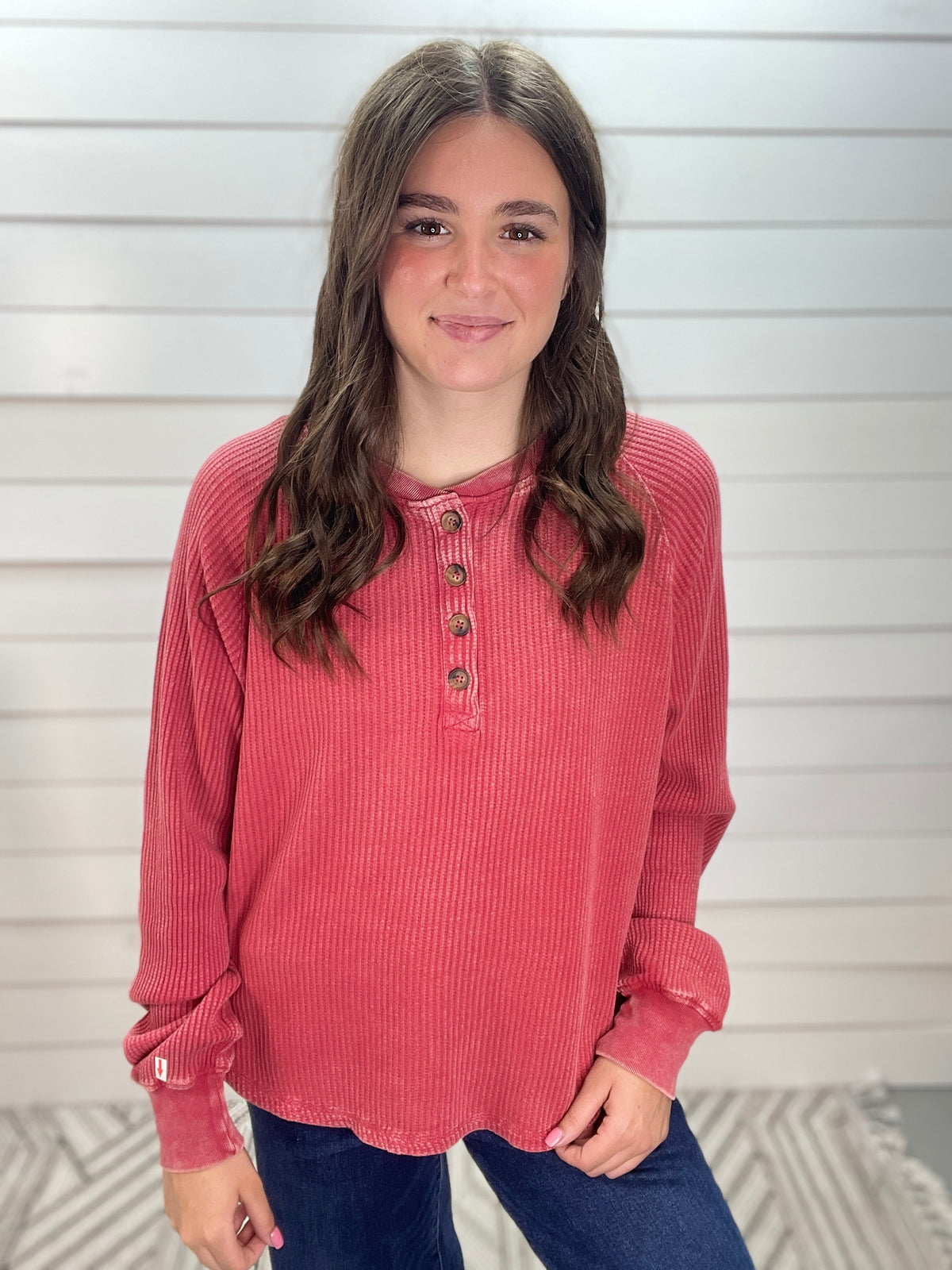 Dark Red Waffle Texture Henley Button Knit Top