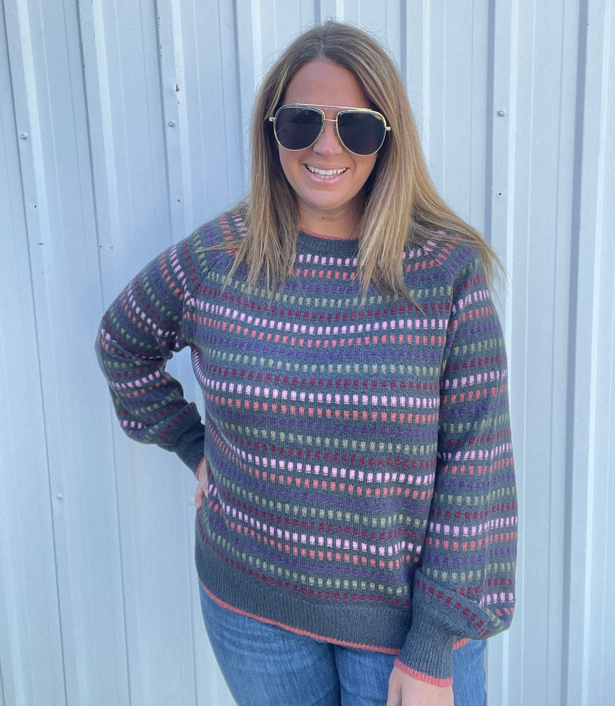 GUN METAL Multi Color Texture Striped Crew Neck Long Balloon Sweater