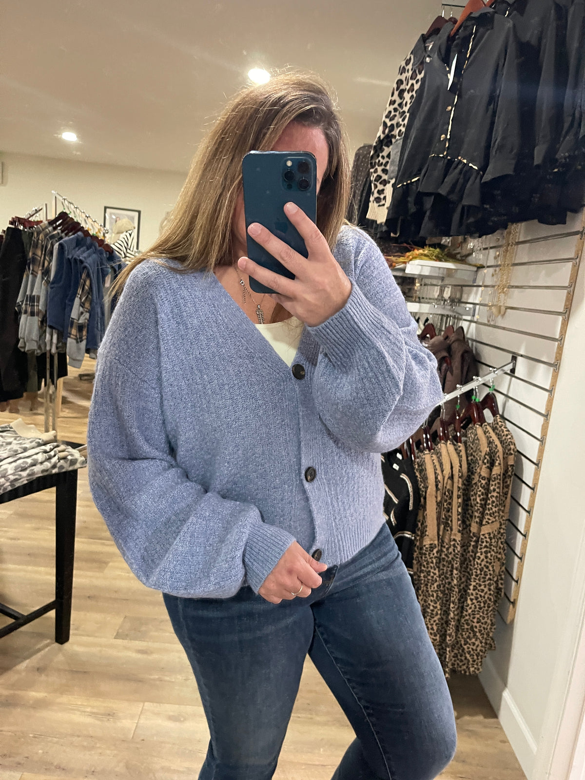 DUSTY BLUE V NECK BUTTON CARDIGAN/SWEATER