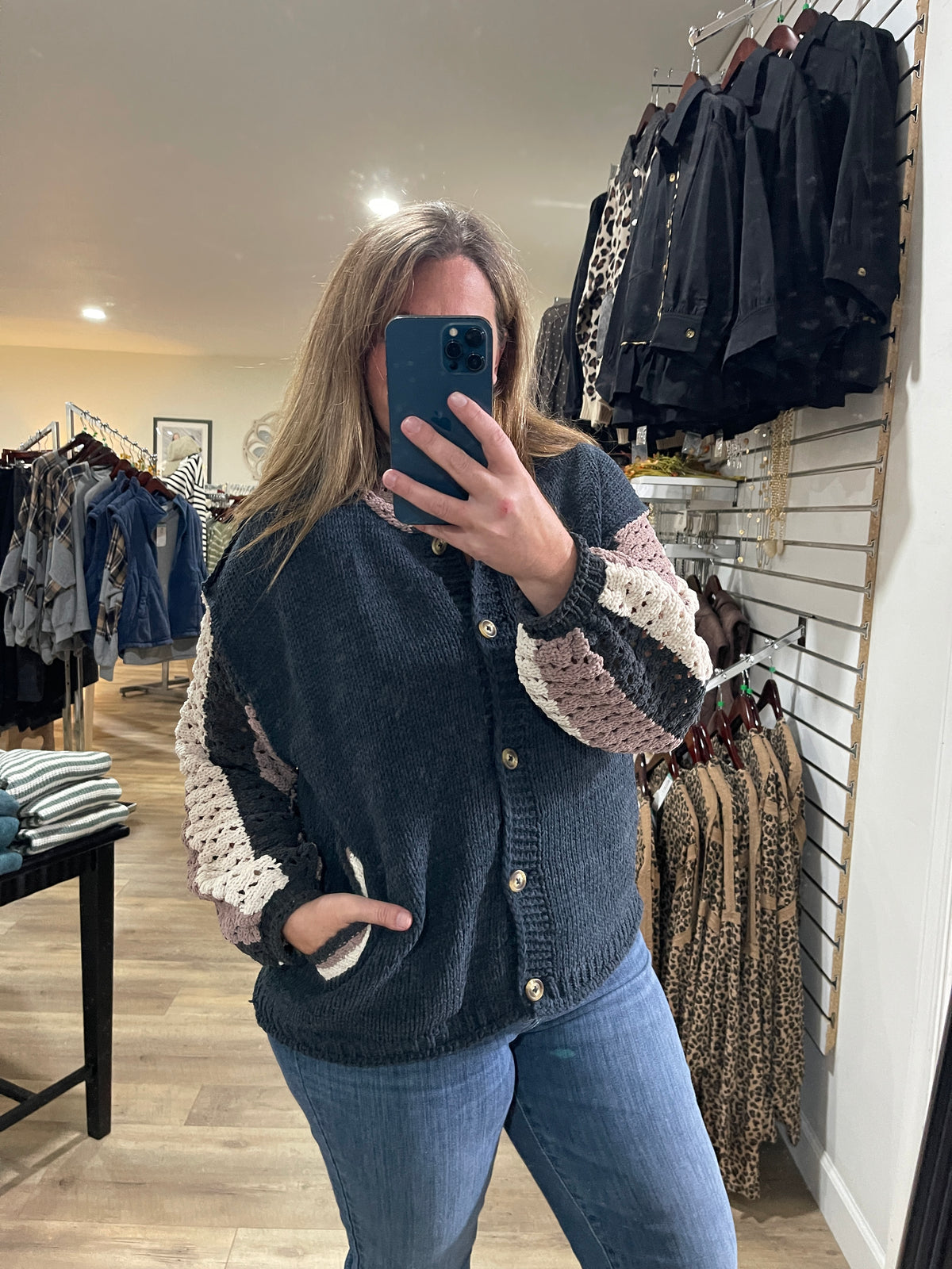 NAVY BUTTON KNIT SWEATER W/ OPEN KNIT COLORBLOCK SLEEVES