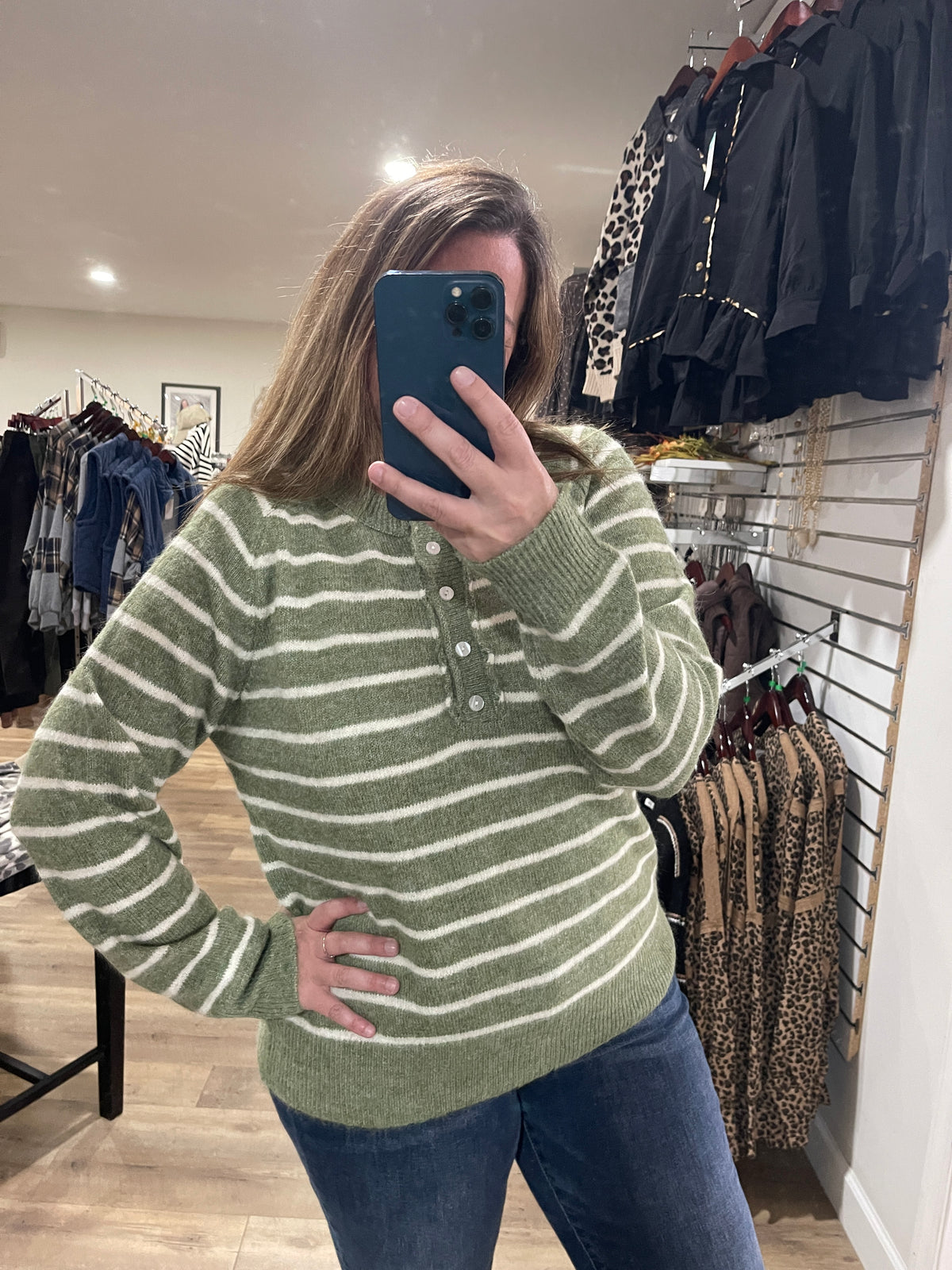 DARK SAGE Striped, Half Buttons, Raglan Sleeve, Pullover SWEATERS