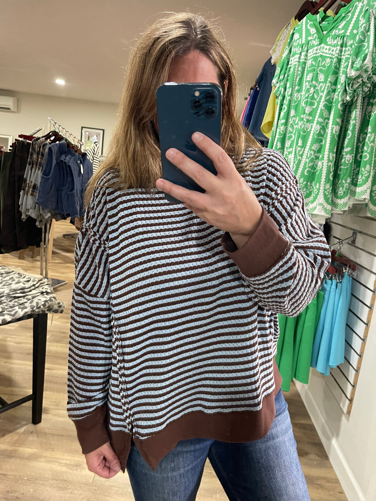 BLUE/BROWN STRIPED TEXTURED KNIT LOOSE FIT TOP