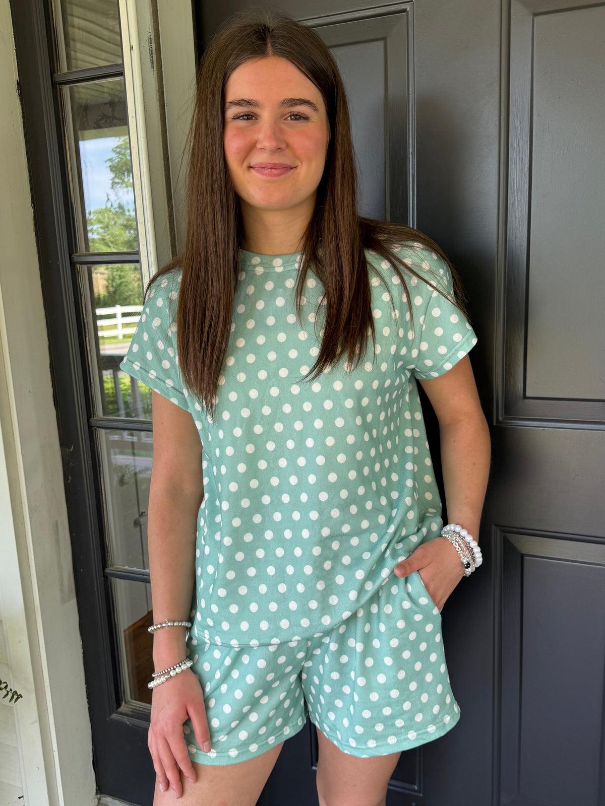 GREEN POLKADOT SHORT SET