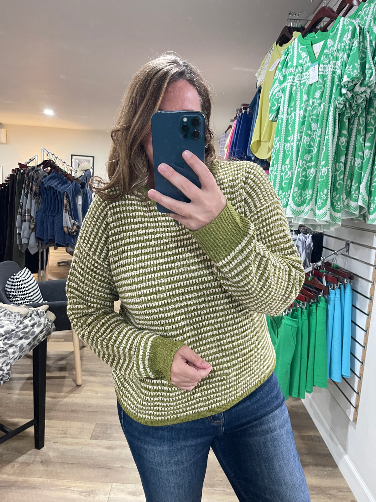 GREEN Color Trimmed Long Sleeve 2 Tone Waffle Striped Crew Neck Pullover Sweater