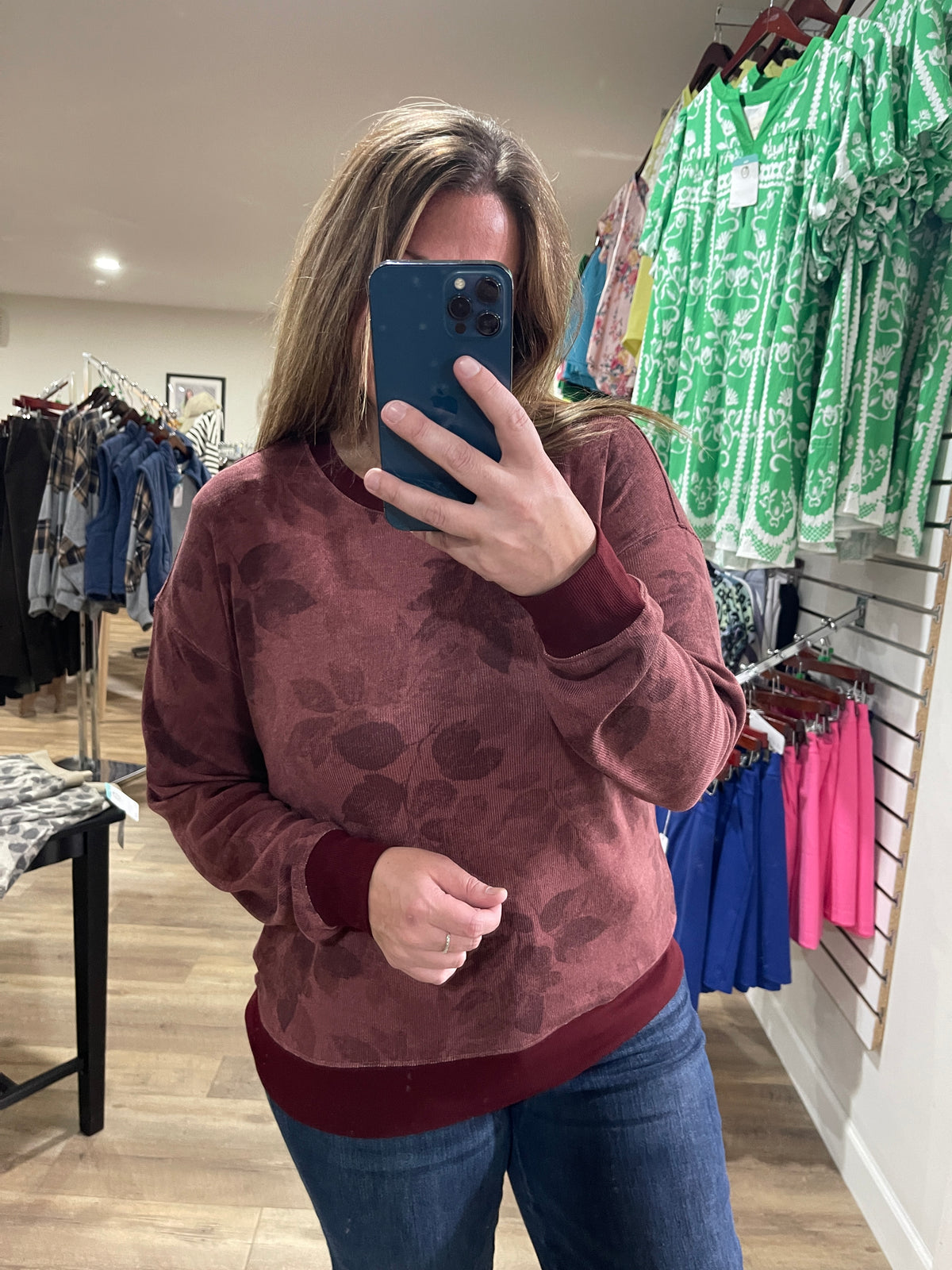 BURGUNDY Crew Neck, Long Sleeve, Rib Hacci Floral Printed Top