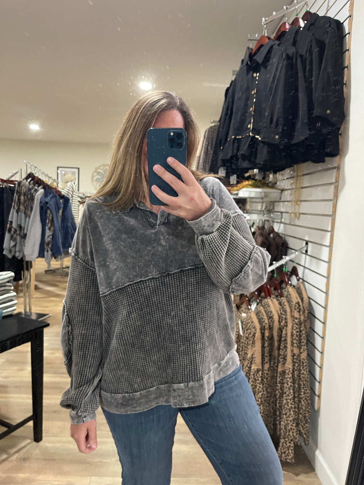 ASHED BLACK MINERAL WASH CONTRAST KNIT TOP