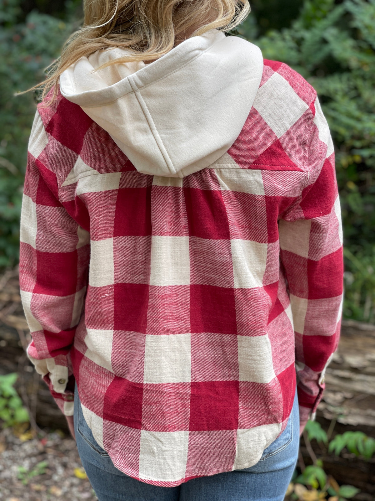 RED LIGHTWEIGHT PLAID HOODED SHIRT