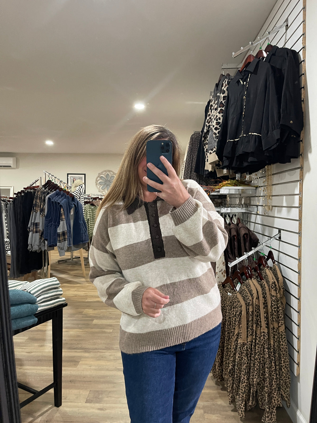 MOCHA/CREAM Heathered Stripe Polo Collar Long Sleeve Sweater