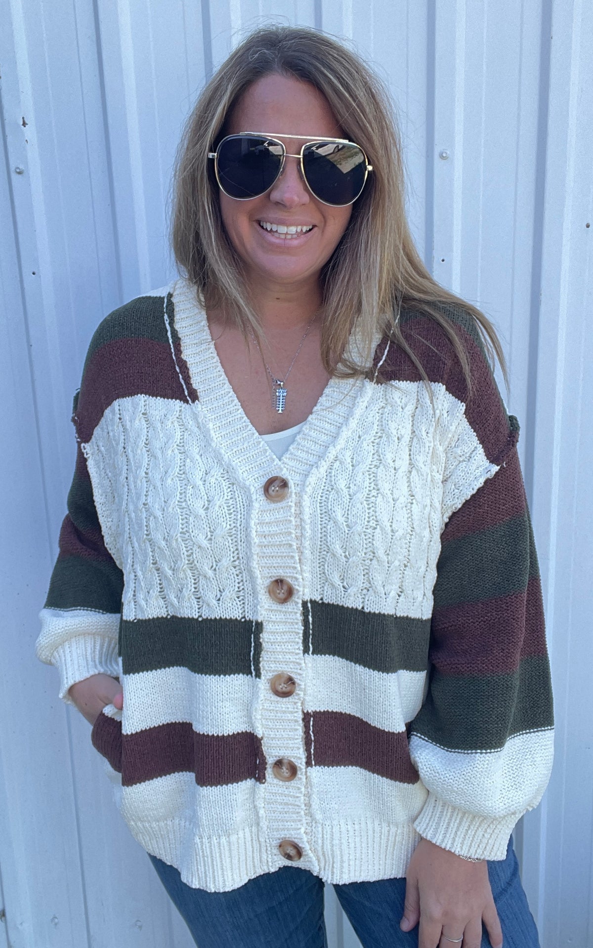 IVORY/BROWN/OLIVE CABLE KNIT OVERSIZE BUTTON CARDIGAN/SWEATER