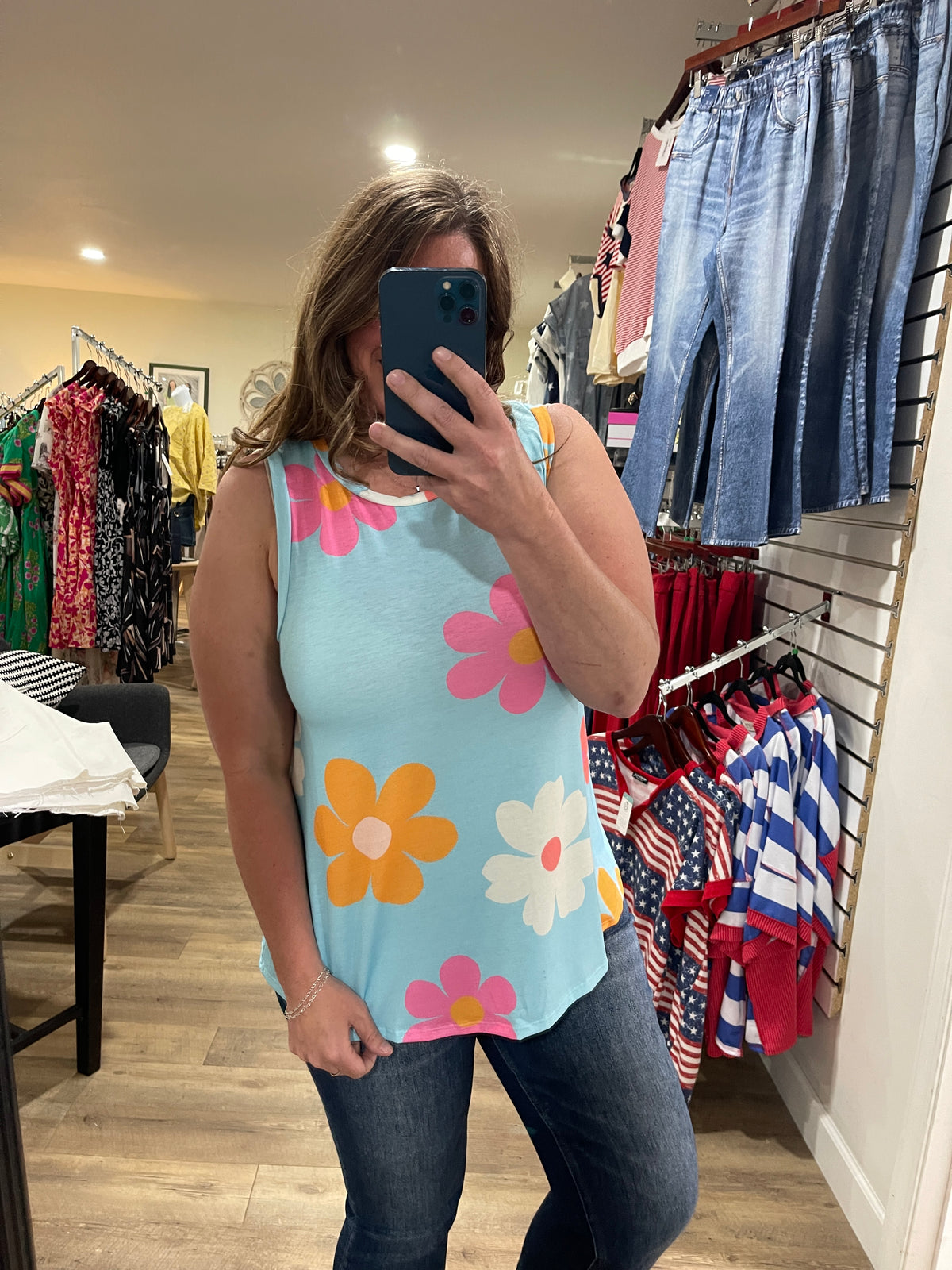BLUE RETRO FLORAL TANK TOP