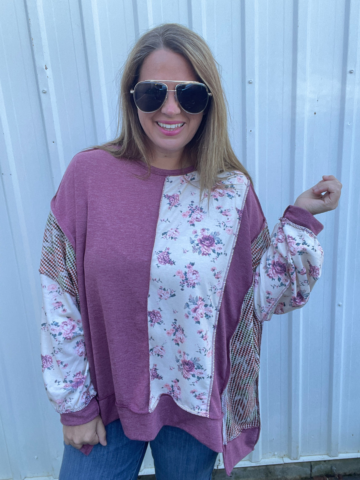 BURDUNDY/TAUPE Round Neck Oversized Loose Fit Pullover Top Featuring Mixed Fabric Paneling