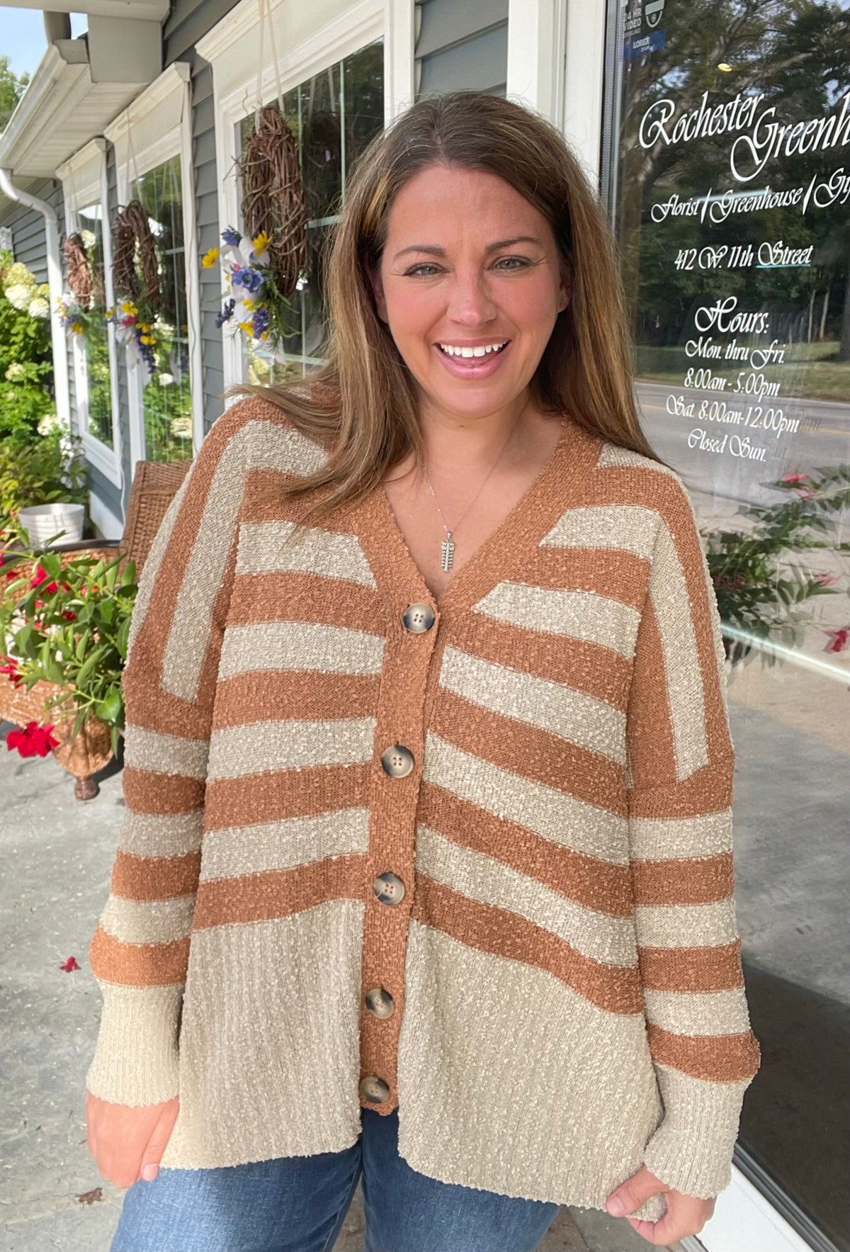 CARMEL/TAUPE STRIPED OVERSIZED BUTTON KNIT CARDIGAN SWEATER