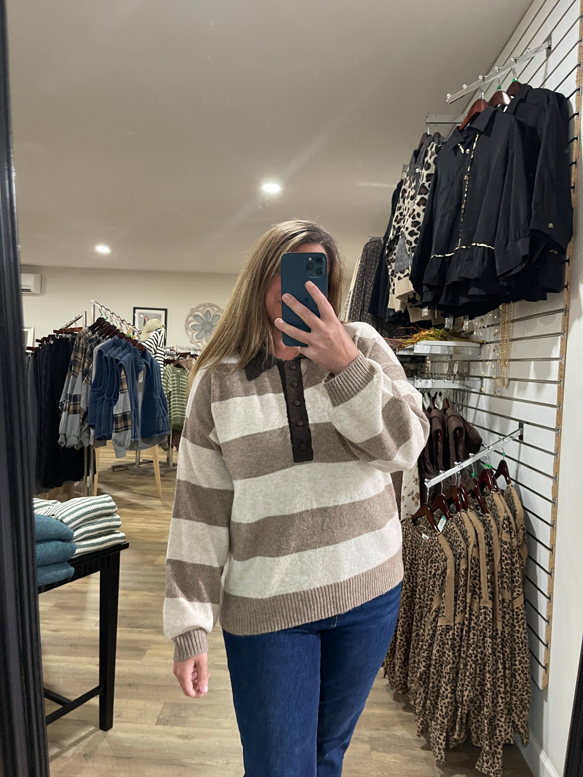MOCHA/CREAM Heathered Stripe Polo Collar Long Sleeve Sweater