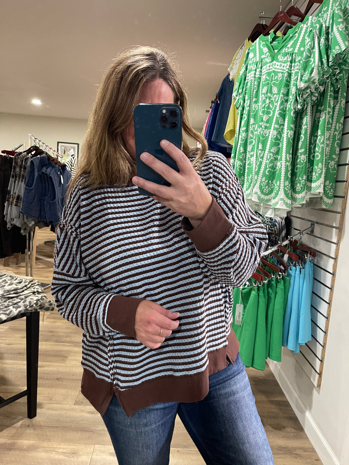 BLUE/BROWN STRIPED TEXTURED KNIT LOOSE FIT TOP
