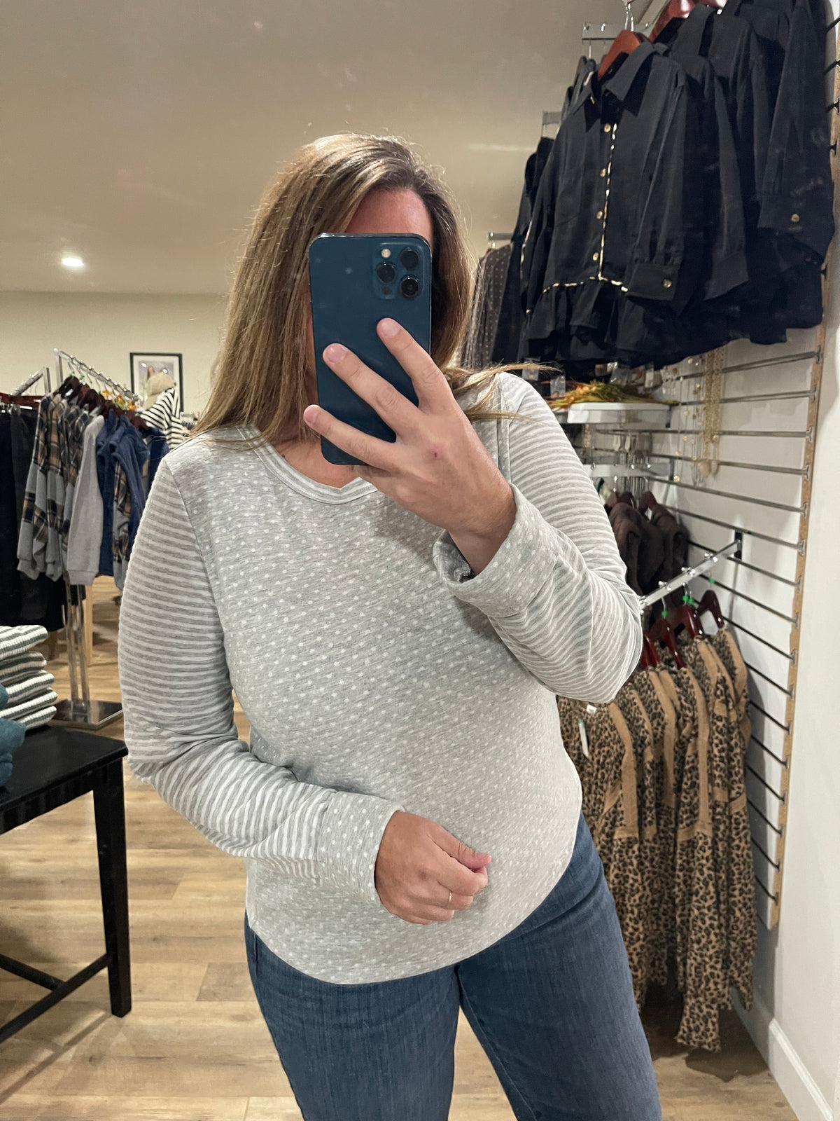 HEATHER GREY Crew NECK, Long Sleeve Polka Dot And Stripe Mixed Knit Top