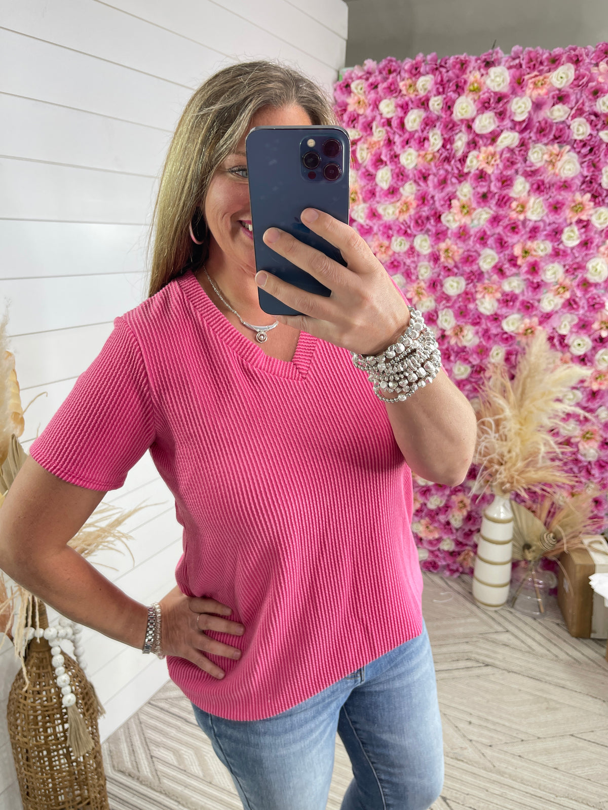 HOT PINK PLUSH RIBBED BASIC V NECK