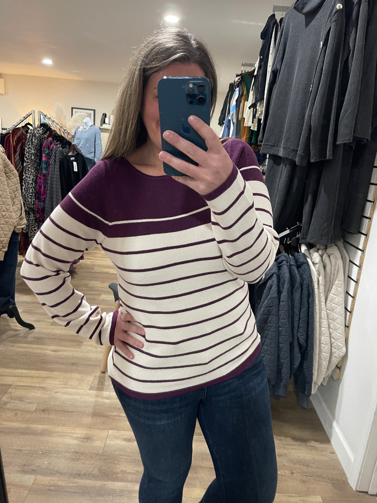 PLUM STRIPED WAFFLE TEXTURED KNIT TOP