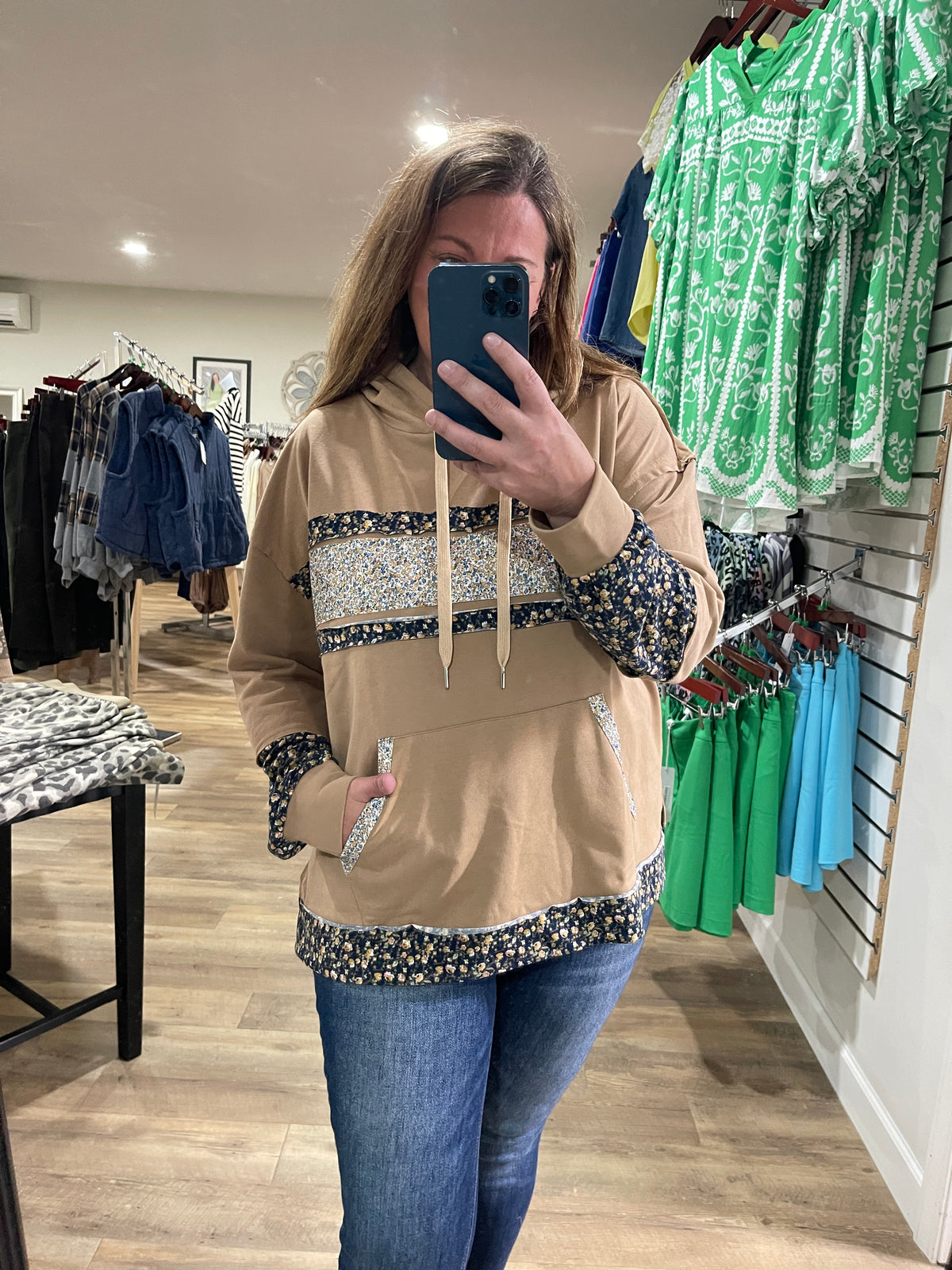 CAMEL FRENCH TERRY COLORBLOCK PATCHWORK HOODED LIGHT WEIGHT PULLOVER