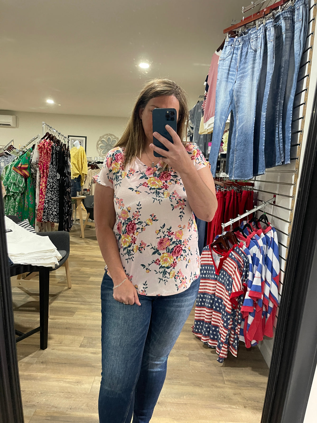 PINK FLORAL V NECK WOVEN TOP