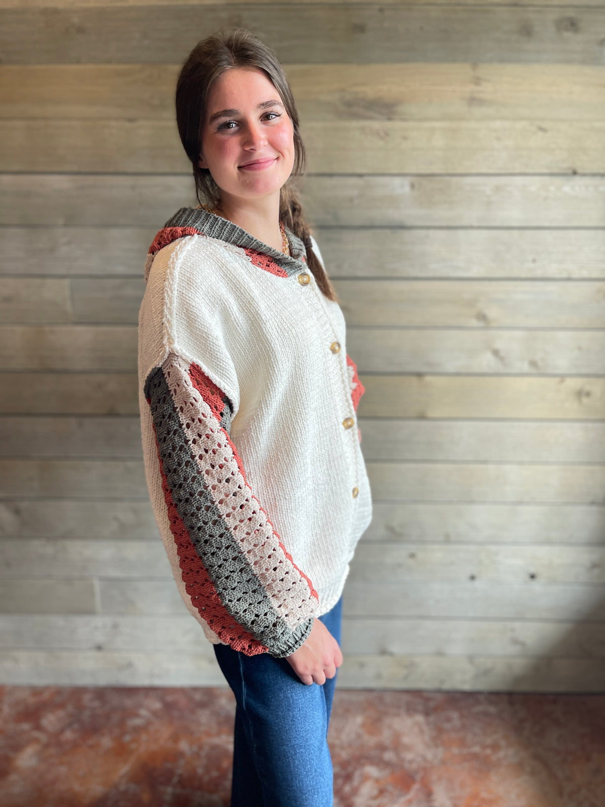 IVORY BUTTON KNIT SWEATER W/ OPEN KNIT COLORBLOCK SLEEVES