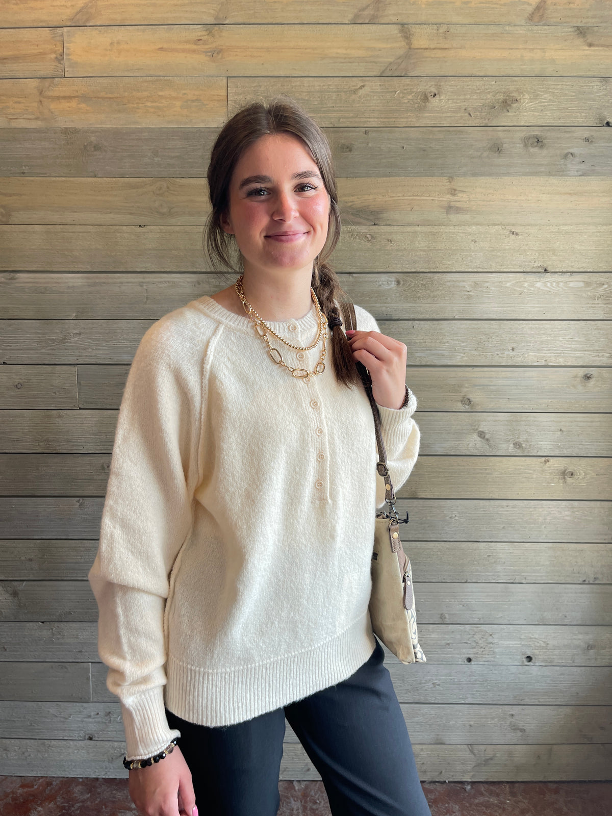 Vanilla Cream Knit Henley Sweater with Seams