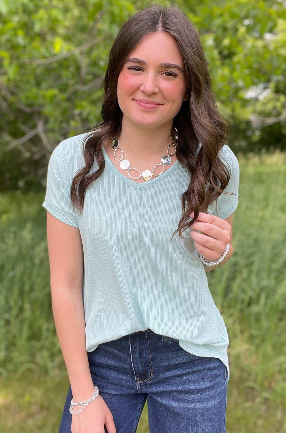 MINT RIBBED V NECK KNIT TOP