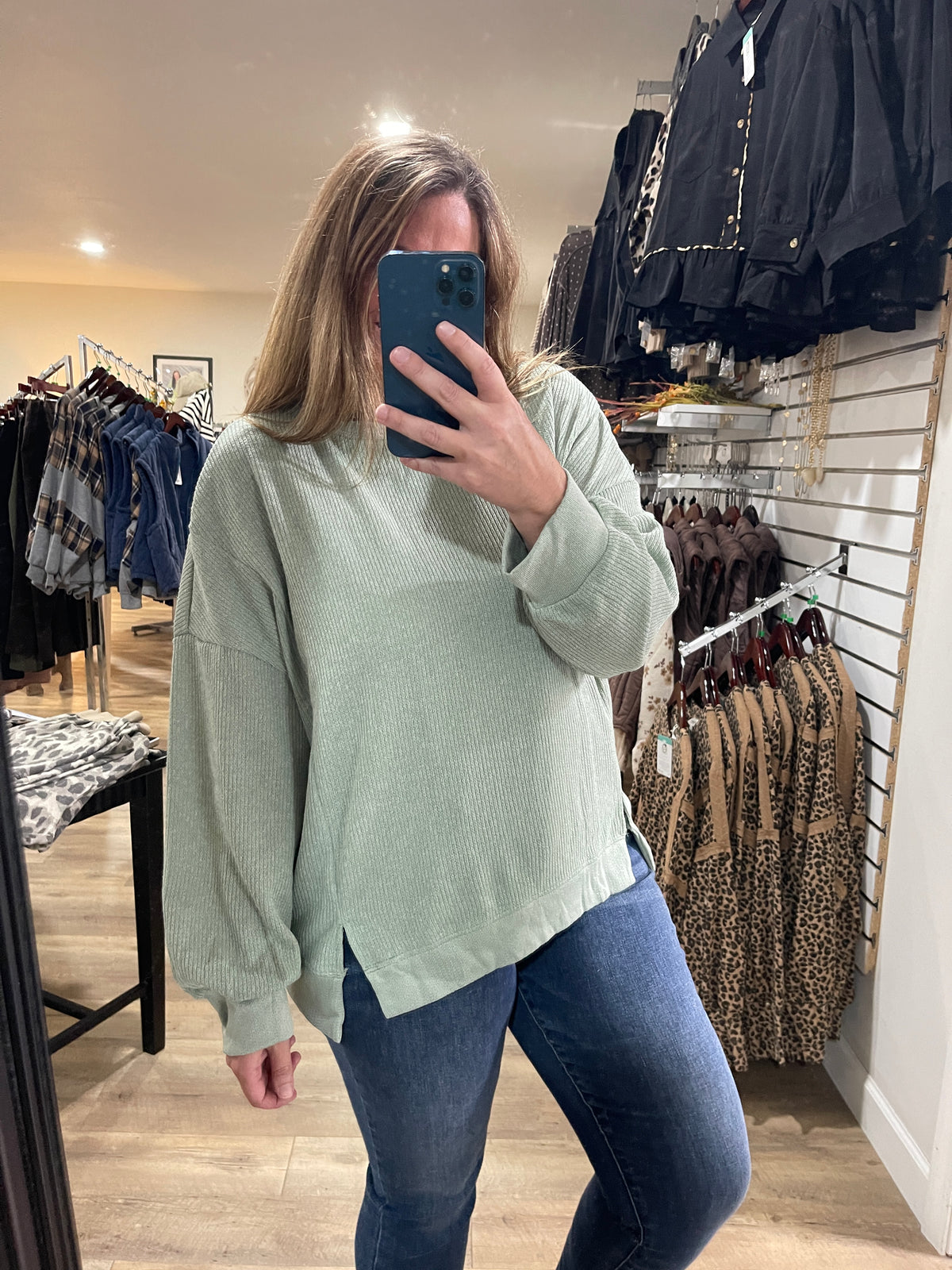 SAGE KNIT LONG SLEEVE TOP W/ FRONT SLIT