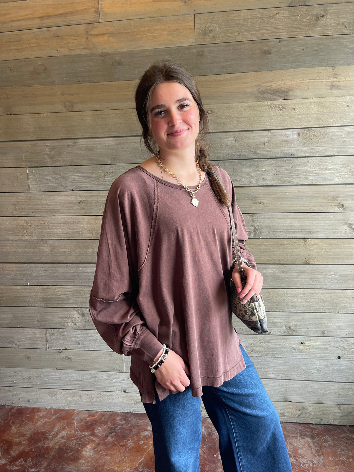 DARK BROWN MINEAL WASH LOOSE FIT LONG SLEEVE TOP