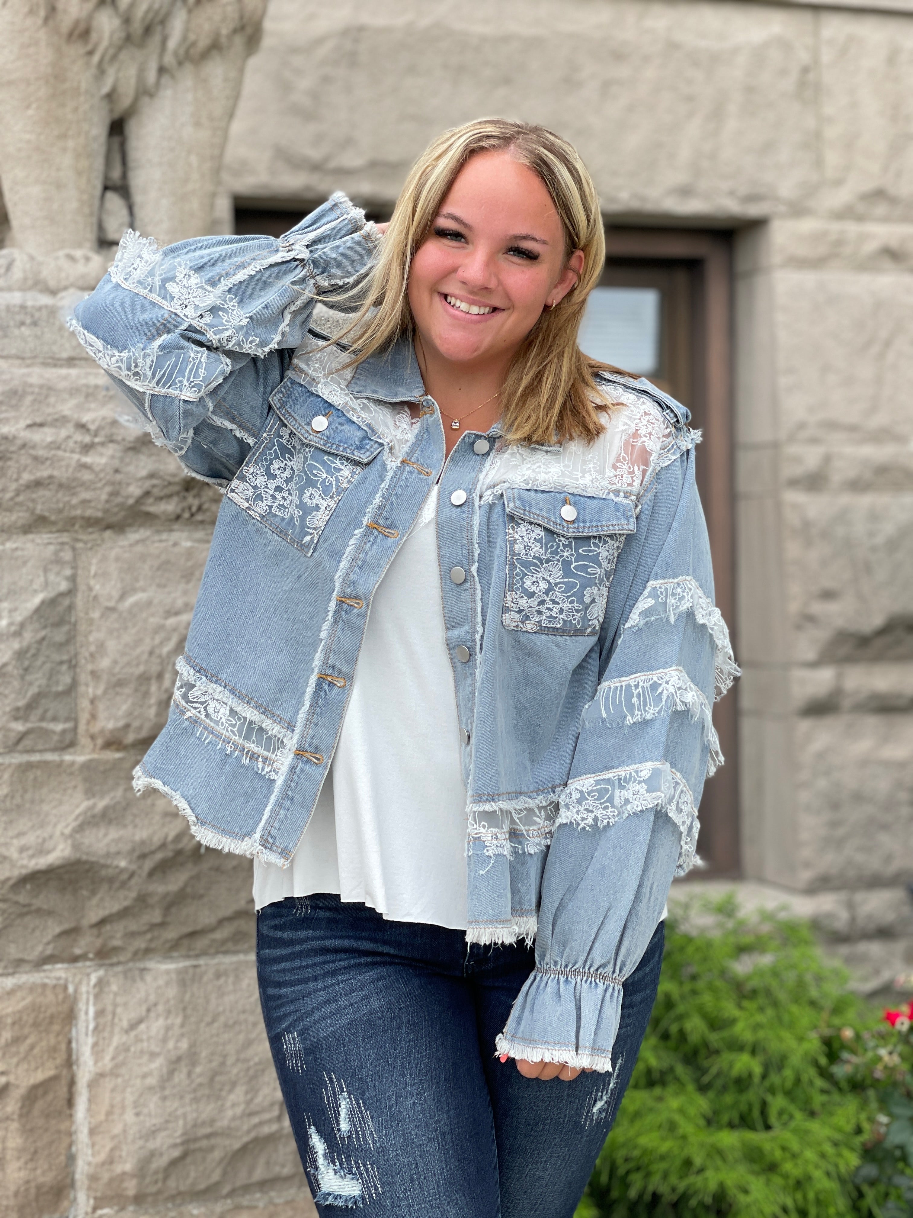 Denim jacket with 2025 lace trim