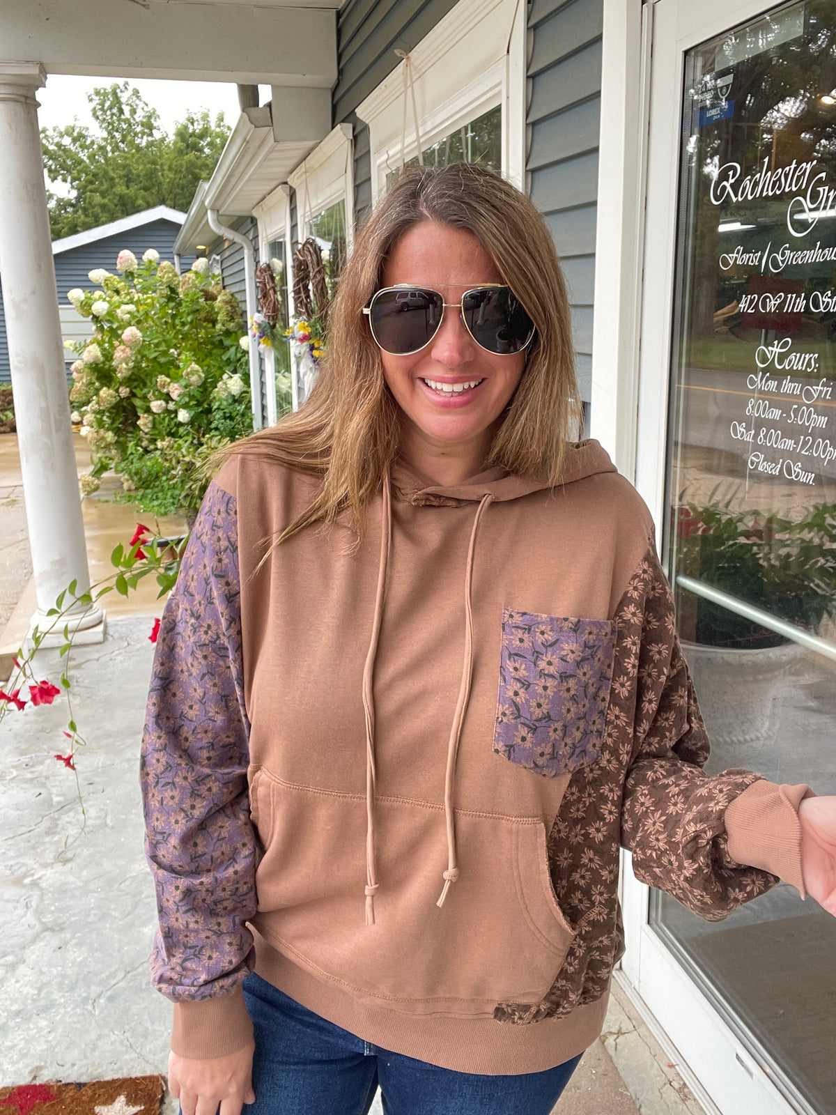 Mocha Floral Colorblock Oversized French Terry Hoodie