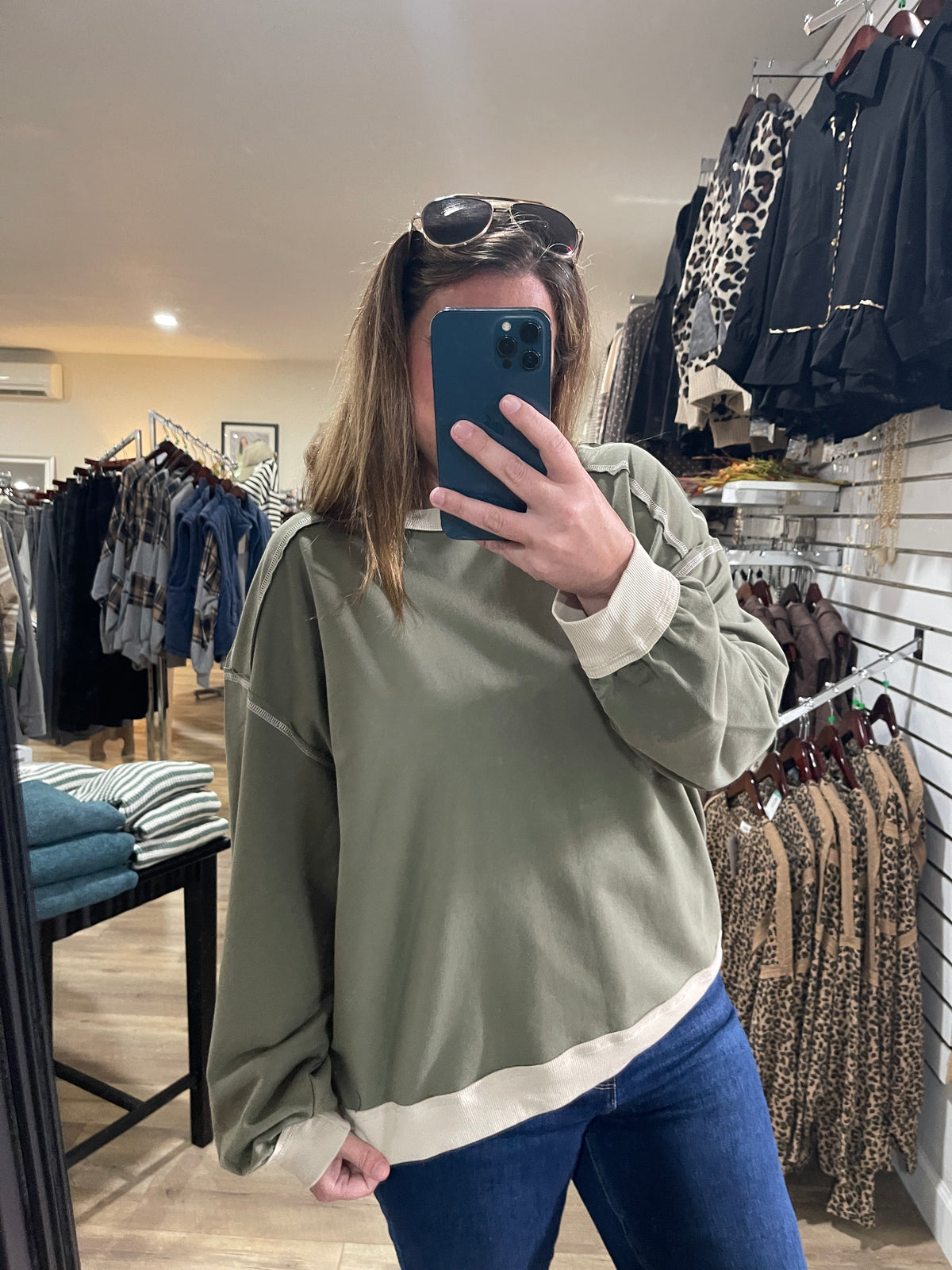 Olive Exposed Seam Contrast Trim Knit Top