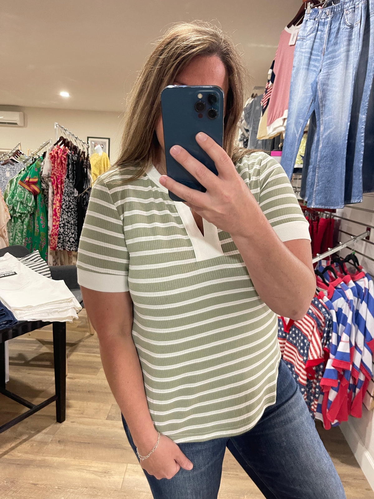 SAGE STRIPED V NECK KNIT TOP