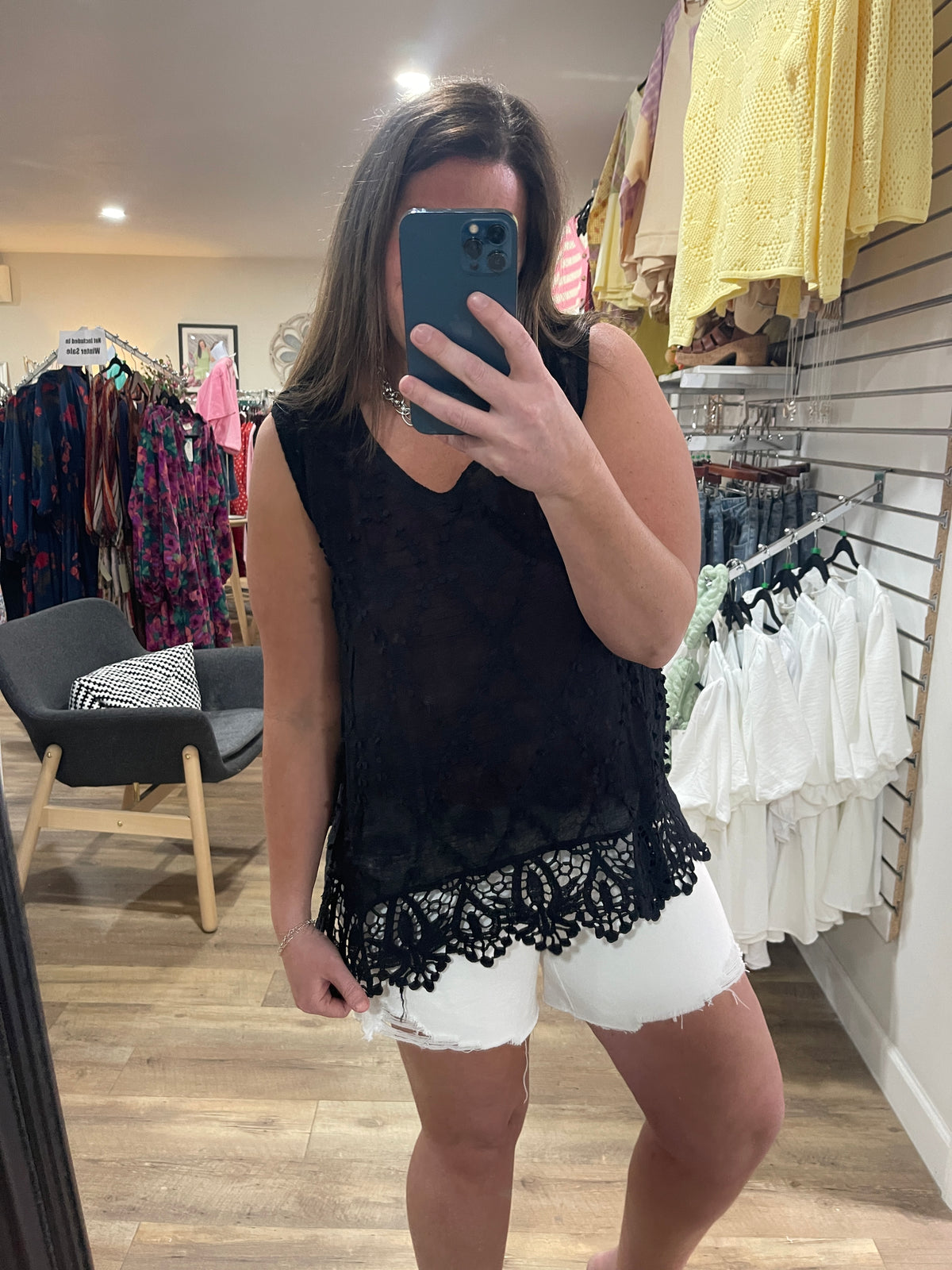 BLACK CROCHET LACE TRIM TANK TOP