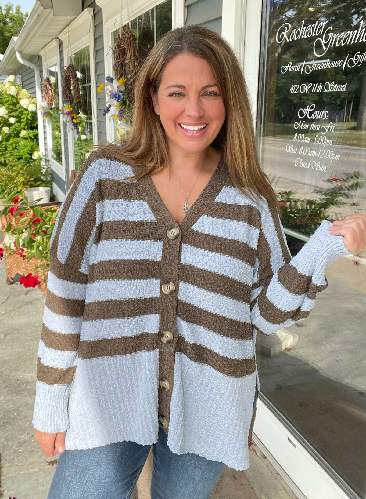 BROWN/SLATE BLUE STRIPED BUTTON OVERSIZED CARDIGAN SWEATER