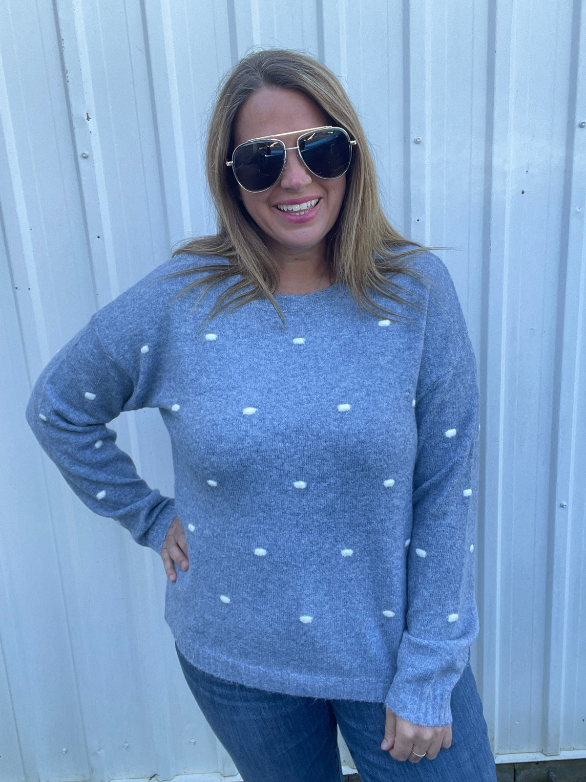 BLUE Textured Dot Detail, Wide Crew Neck, Pullover Sweater